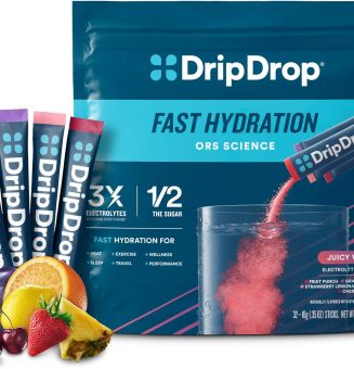 DripDrop Hydration Packets - Juicy Variety Pack - Single Serve Electrolytes Powder Drink Mix - Grape, Fruit Punch, Strawberry Lemonade, Cherry - Non-GMO, Gluten Free, Vegan - 32 Sticks