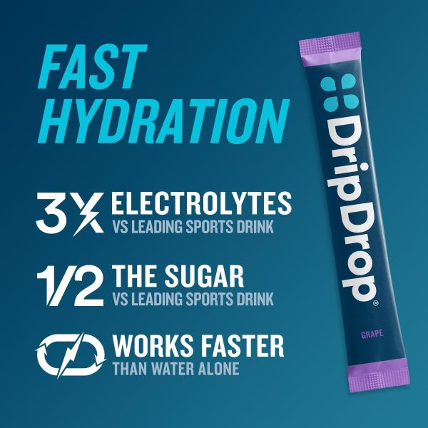 DripDrop Hydration Packets - Juicy Variety Pack - Single Serve Electrolytes Powder Drink Mix - Grape, Fruit Punch, Strawberry Lemonade, Cherry - Non-GMO, Gluten Free, Vegan - 32 Sticks - Image 2