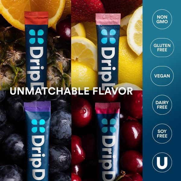 DripDrop Hydration Packets - Juicy Variety Pack - Single Serve Electrolytes Powder Drink Mix - Grape, Fruit Punch, Strawberry Lemonade, Cherry - Non-GMO, Gluten Free, Vegan - 32 Sticks - Image 8