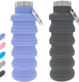 YCT Collapsible Water Bottle 17oz（500ml），Travel Portable Sport Water Bottle，Reusable Silicone Foldable Water Bottles for Gym Camping Hiking (Purple+Black)